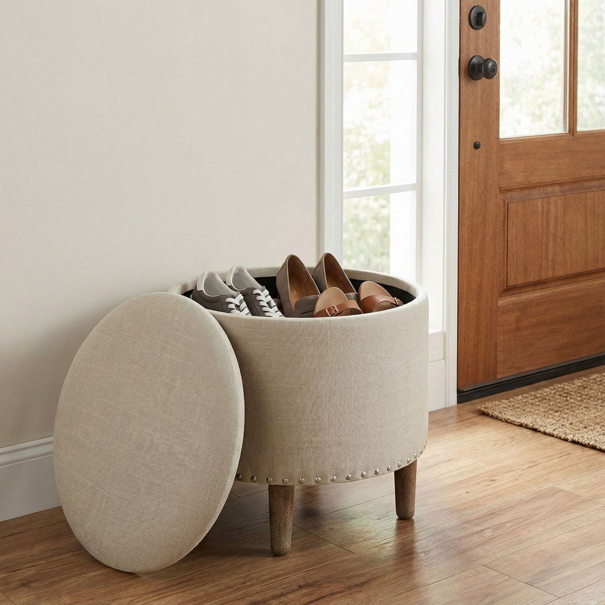 Cortesi Home Hosta 19" Round Storage Ottoman in Light Beige Linen