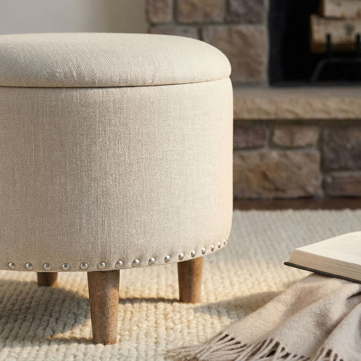 Cortesi Home Hosta 19" Round Storage Ottoman in Light Beige Linen