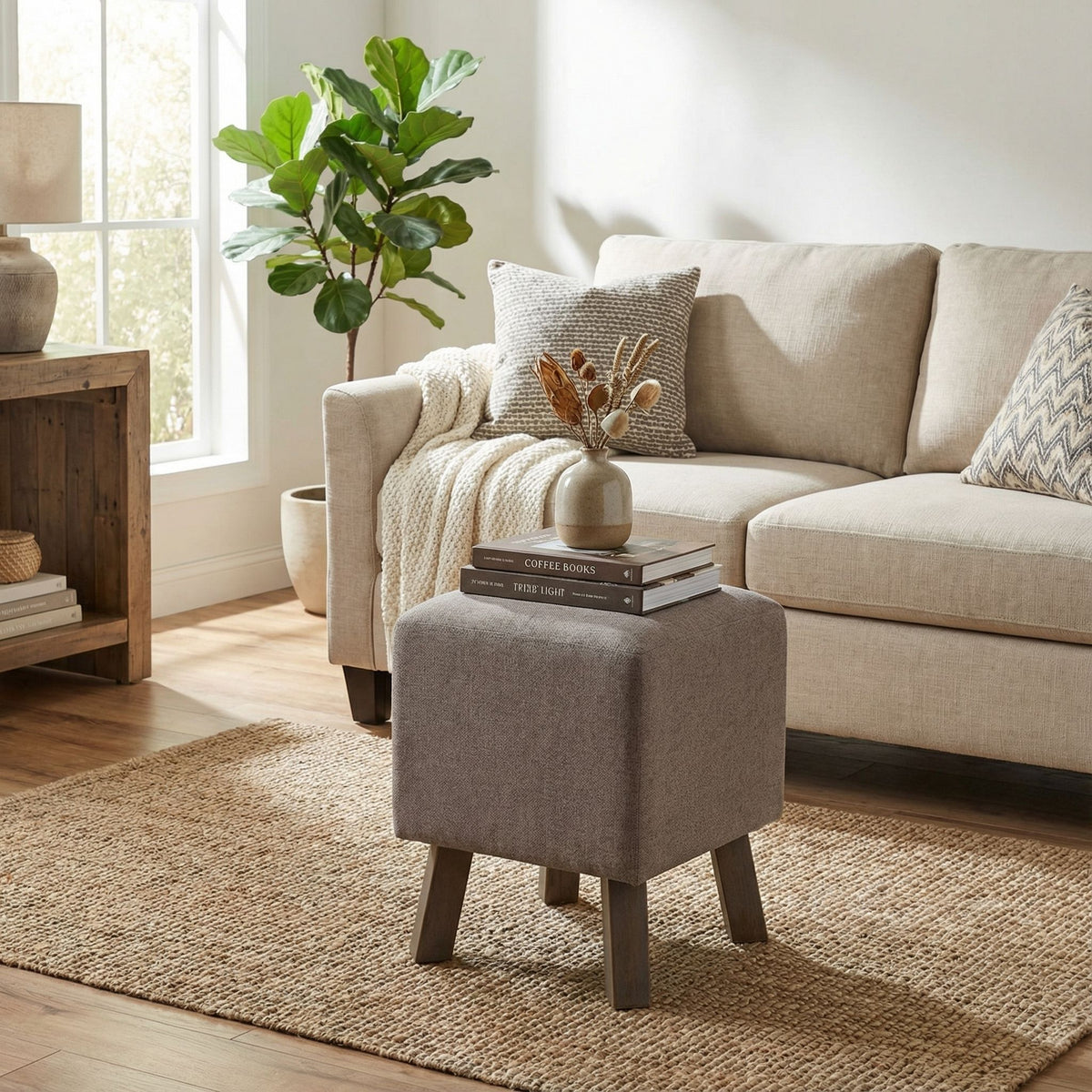 Cortesi Home Cuba Square Ottoman, Taupe Fabric with Wood Legs