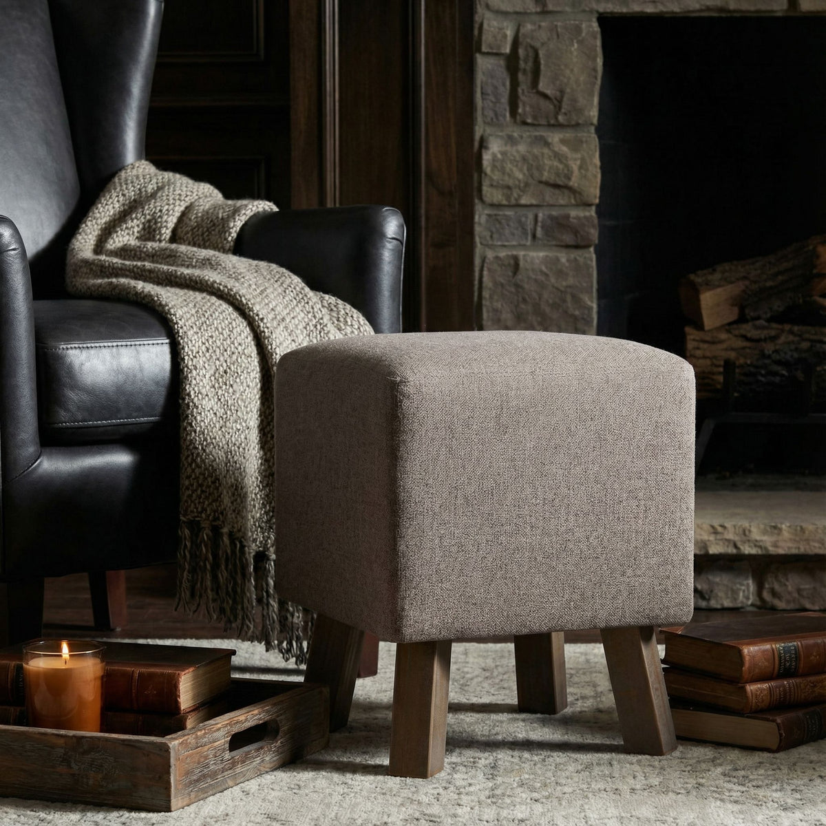 Cortesi Home Cuba Square Ottoman, Taupe Fabric with Wood Legs