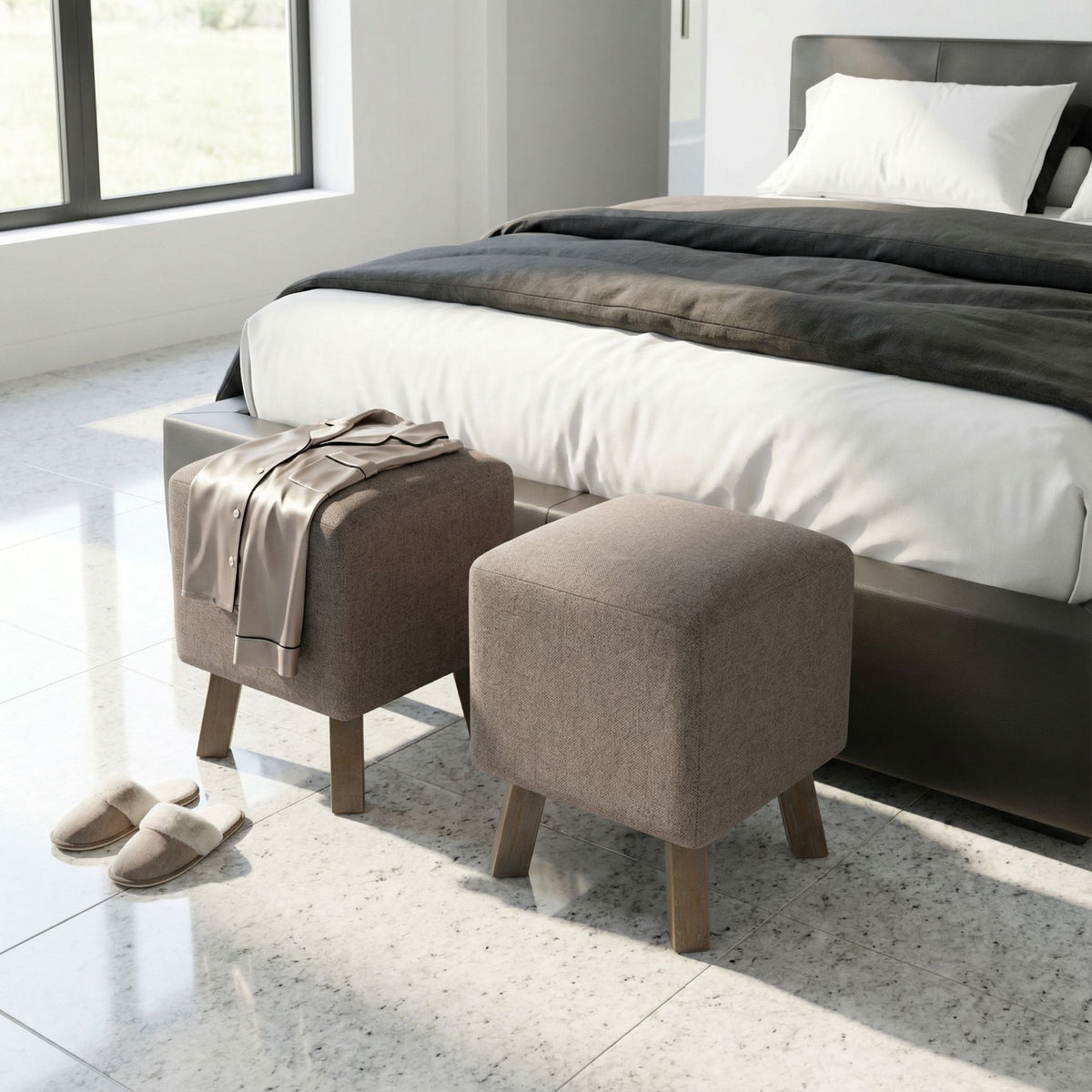 Cortesi Home Cuba Square Ottoman, Taupe Fabric with Wood Legs