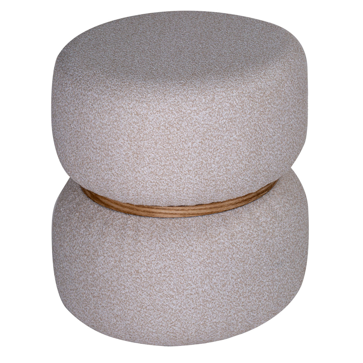 Cortesi Home Kaeli Ottoman in Creamy Tweed Fabric with Oak Band, Round