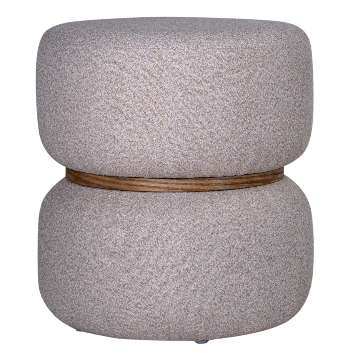 Cortesi Home Kaeli Ottoman in Creamy Tweed Fabric with Oak Band, Round