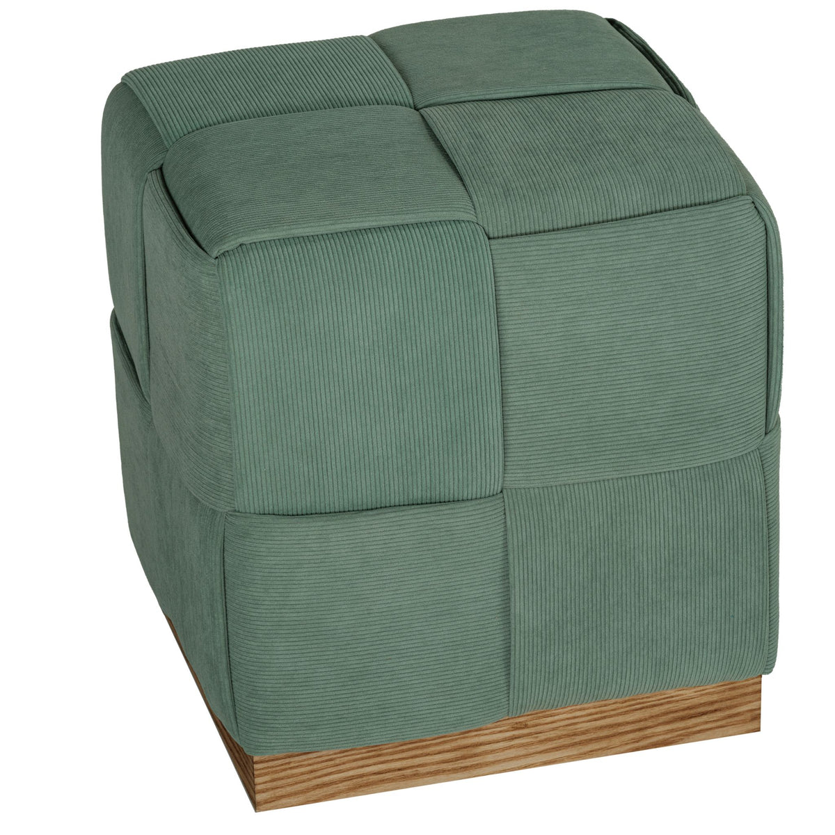 Cortesi Home Nairobi Cube Ottoman in Cordaroy Green Fabric with Oak Wood Base