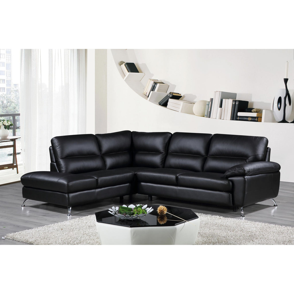 Cortesi Home Contemporary Boston Genuine Leather Sectional Sofa with Left Chaise Lounge, Black 80&quot;x98&quot;