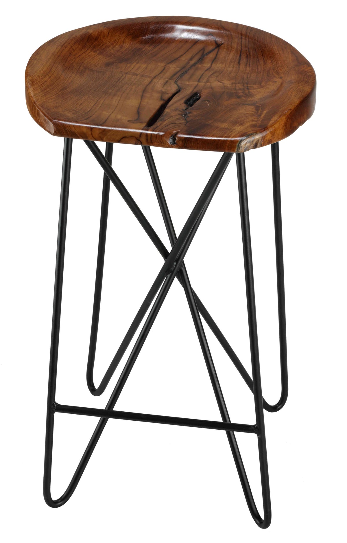 Bare Decor Aloha Backless Live Edge Teak Counter Stool with Solid Black Metal Legs, 27&quot; Tall