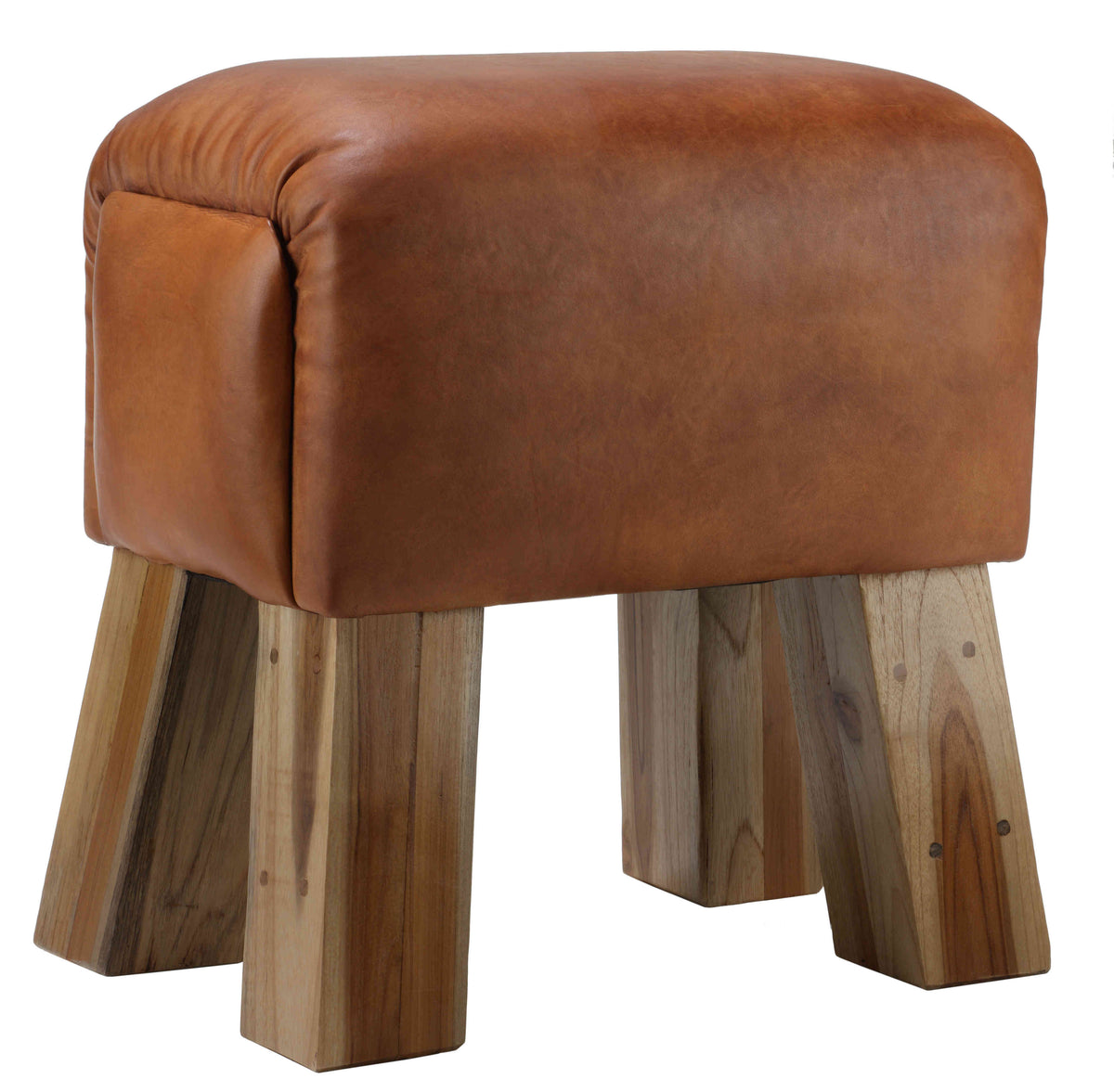 Bare Decor Gorgie Accent Stool in Brown Genuine Leather with Teak Legs