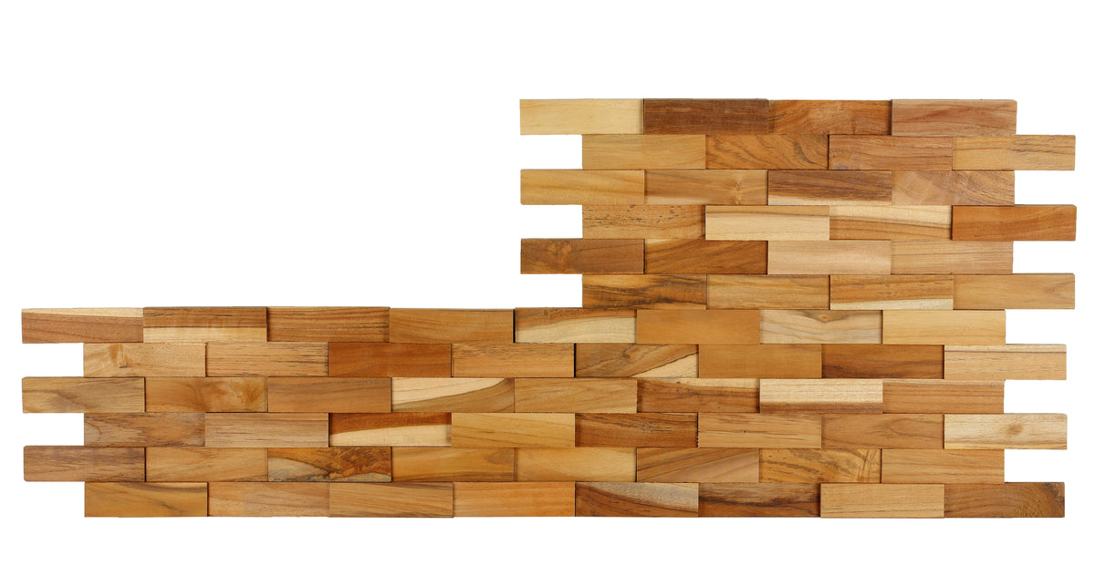 Bare Decor EZ-Wall Brick 3D Pattern Tile in Solid Teak Wood, Set of 10 Natural Finish Tiles