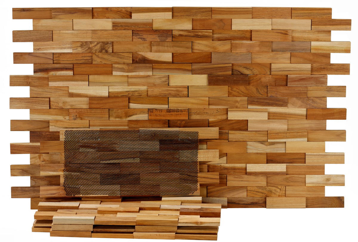 Bare Decor EZ-Wall Brick 3D Pattern Tile in Solid Teak Wood, Set of 10 Natural Finish Tiles