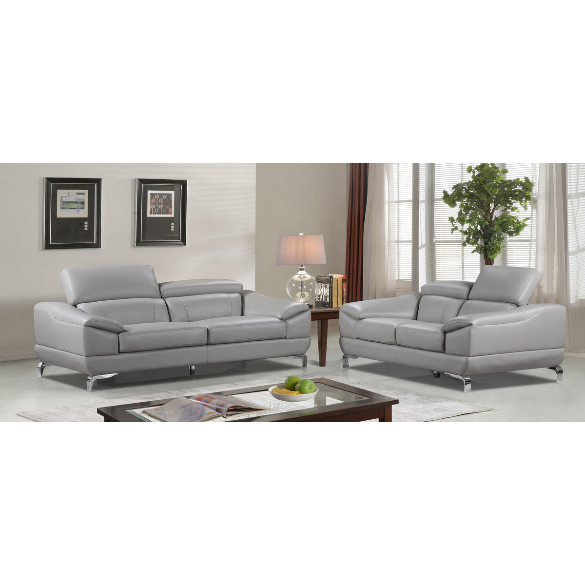 Cortesi Home Vegas Genuine Leather Sofa &amp; Loveseat Set with Adjustable Headrests, Grey
