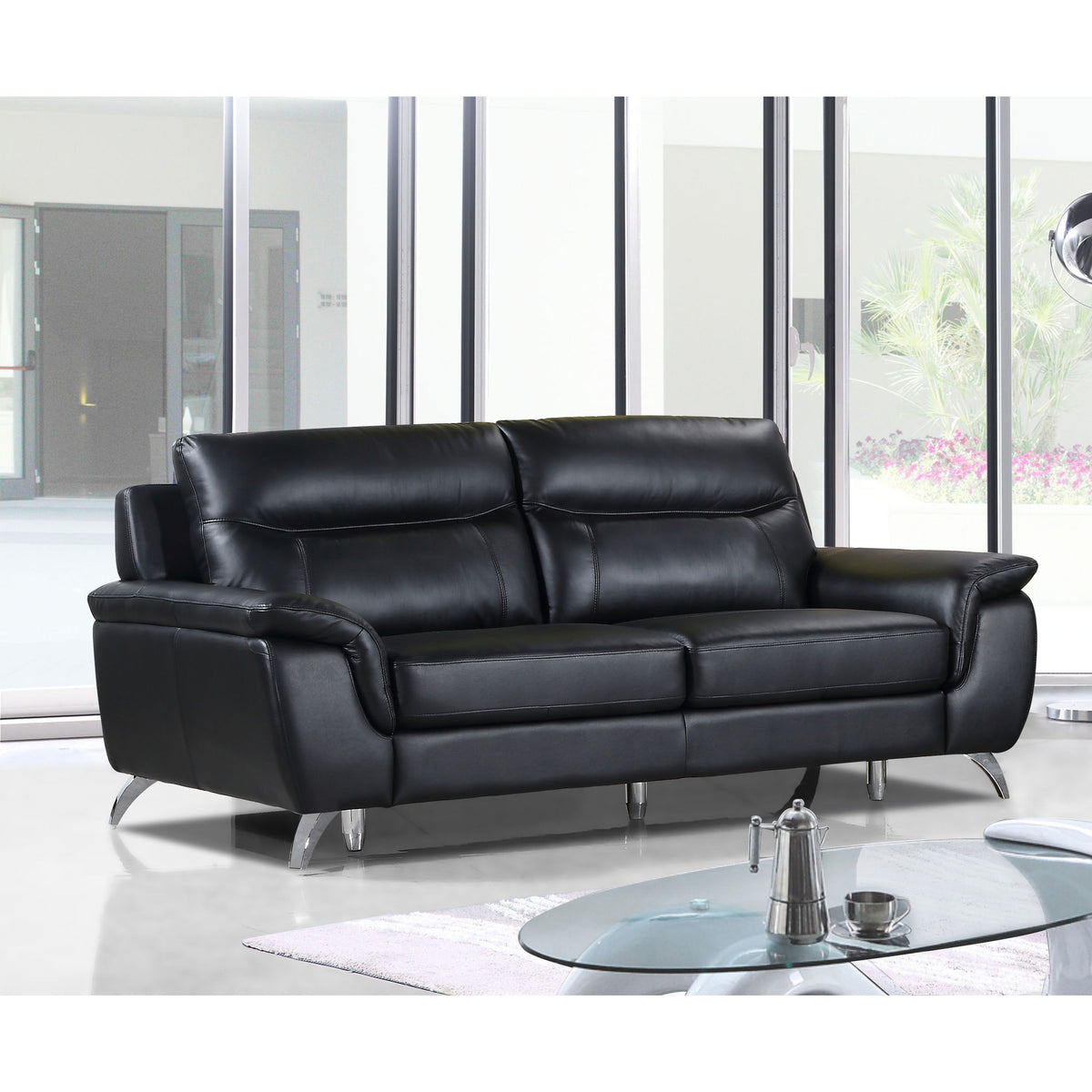 Cortesi Home Chicago Genuine Leather Sofa, Black 79&quot;
