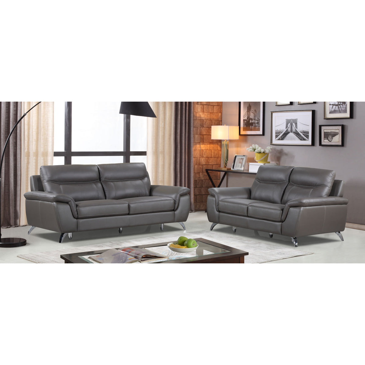 Cortesi Home Chicago Genuine Leather Sofa &amp; Loveseat Set, Dark Grey