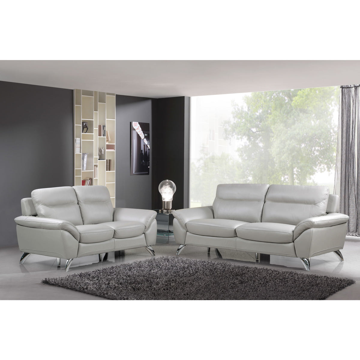 Cortesi Home Contemporary Monaco Full Genuine Leather Sofa &amp; Loveseat Set, Light Gray