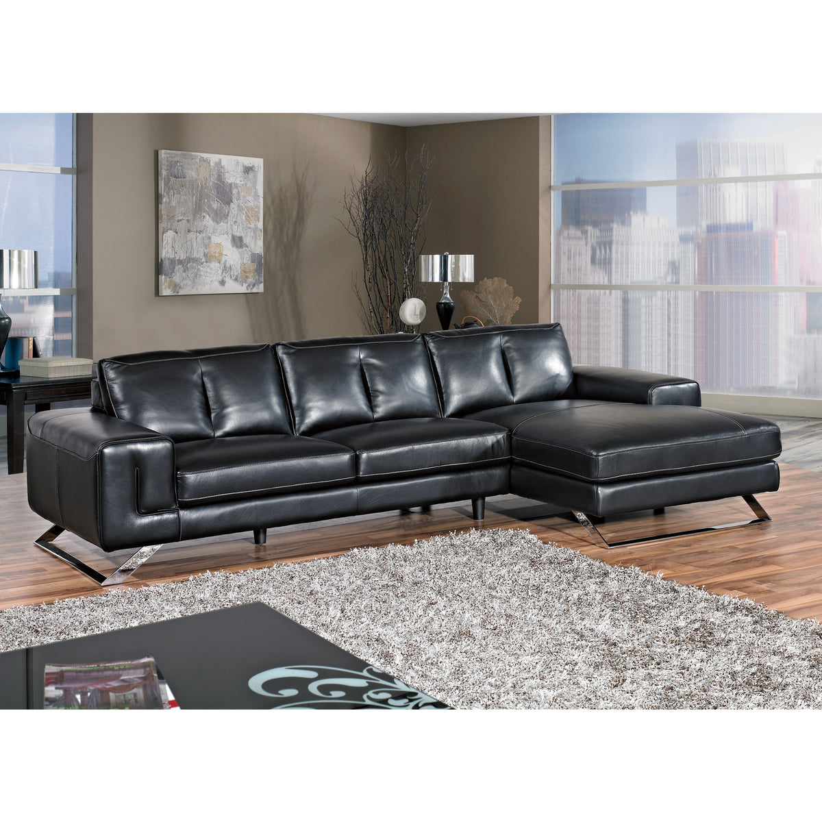 Cortesi Home Contemporary Manhattan Genuine Leather Sectional Sofa with Right Facing Chaise Lounge, Black 116&quot; Wide