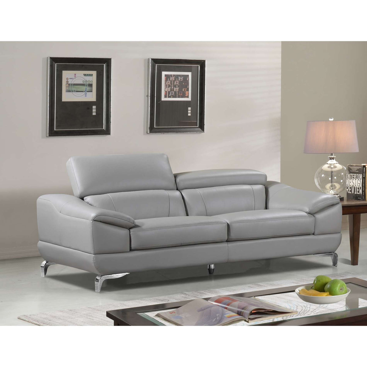 Cortesi Home Vegas Genuine Leather Sofa with Adjustable Headrests, Light Grey 82&quot;