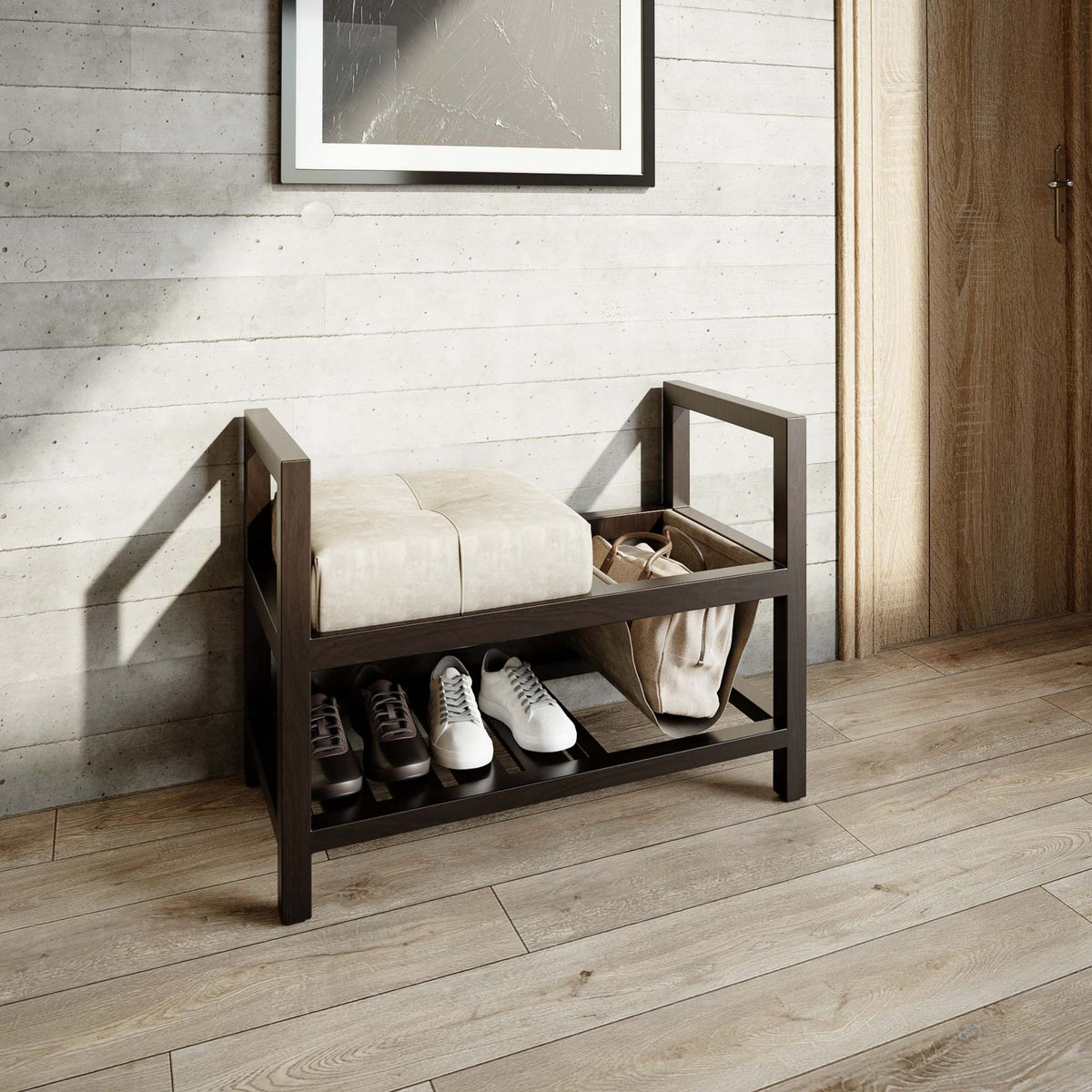 Cortesi Home Oliver Entryway Bench with Storage and Shoe Rack, Espresso Wood and Grey