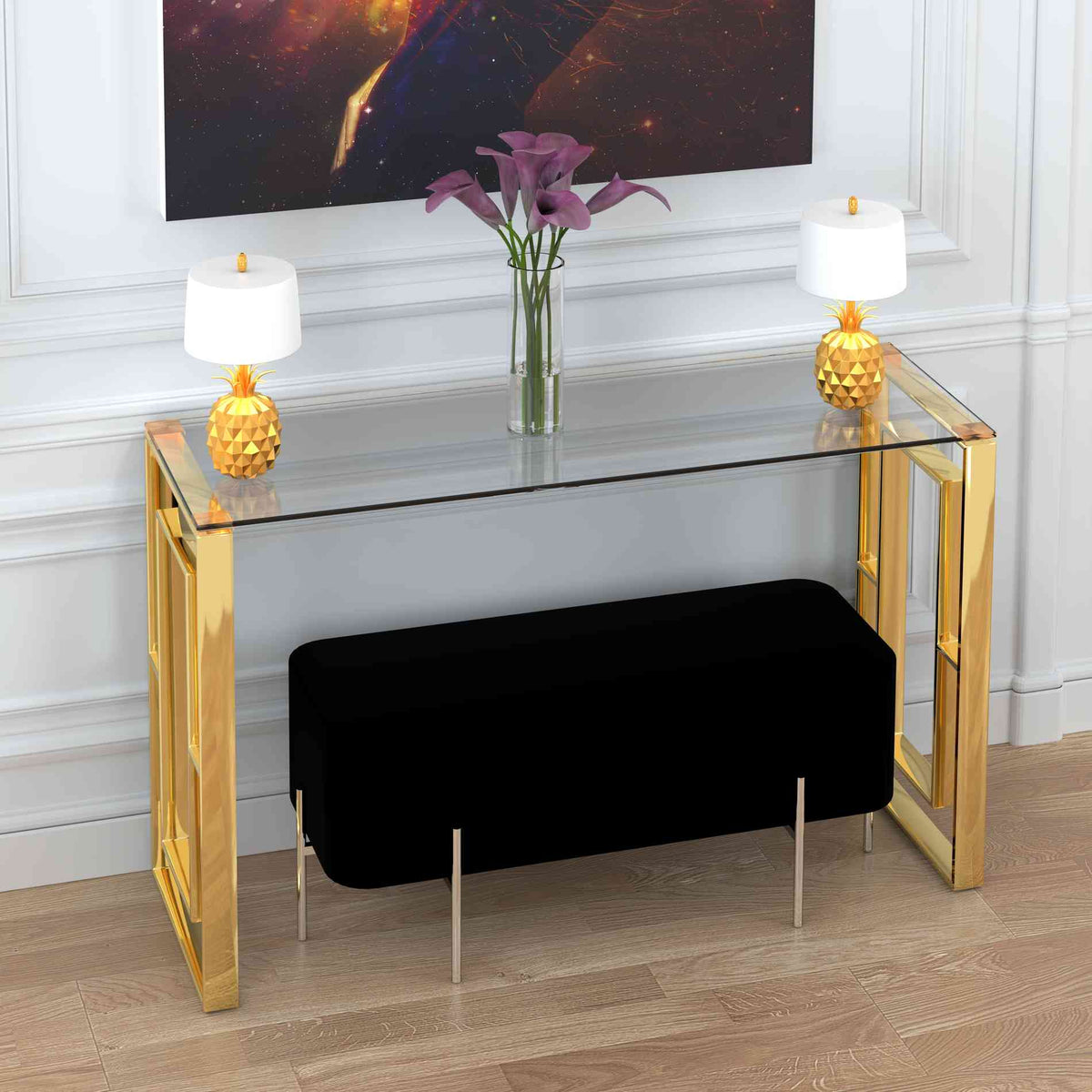 Cortesi Home Laila Console Table in Gold Stainless Steel and Clear Glass, 47&quot;