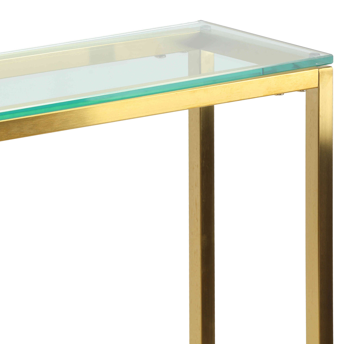 Cortesi Home Juan Console Table, Brushed Gold Color with Clear 10mm Glass, Skinny 56&quot; x 8&quot;
