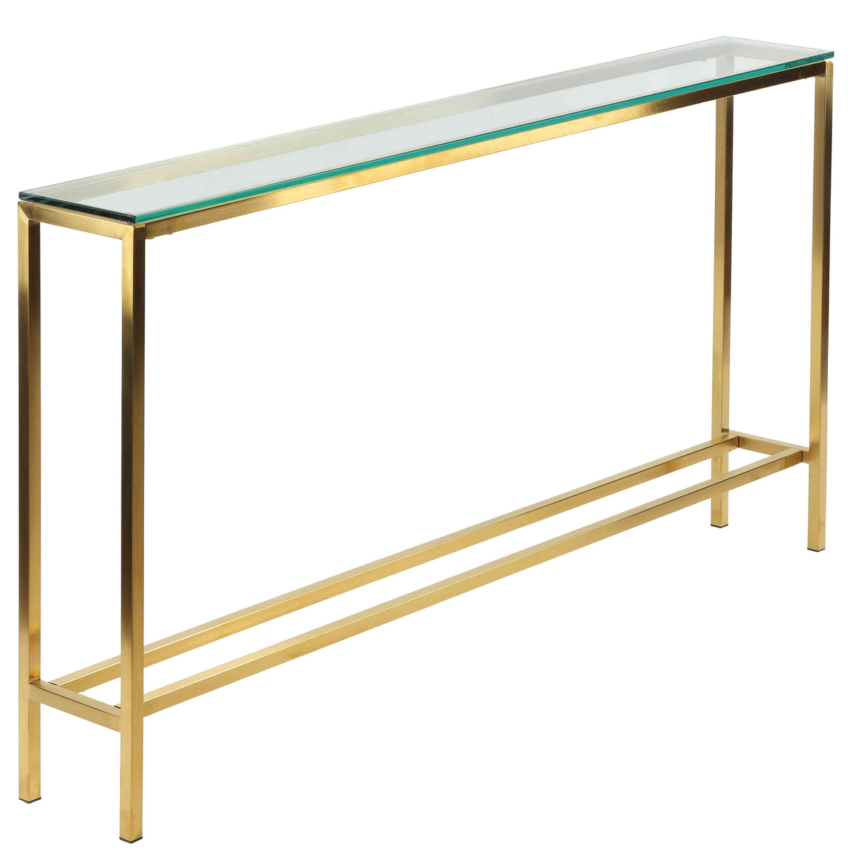 Cortesi Home Juan Console Table, Brushed Gold Color with Clear 10mm Glass, Skinny 56&quot; x 8&quot;