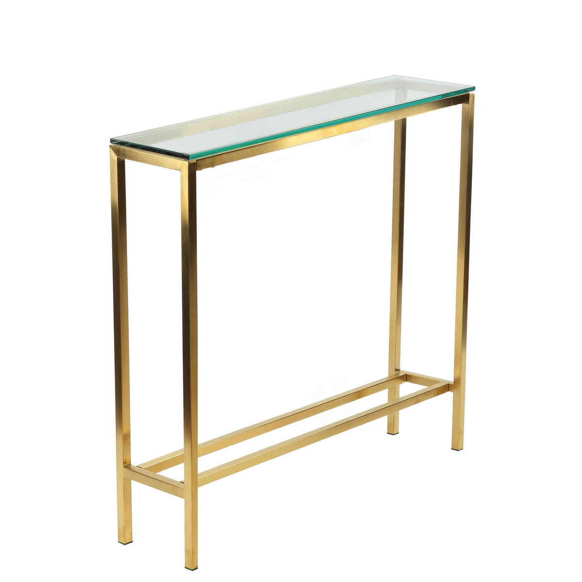 Cortesi Home Julie Console Table, Brushed Gold Color with Clear 10mm Glass, Skinny 28&quot; x 8&quot;