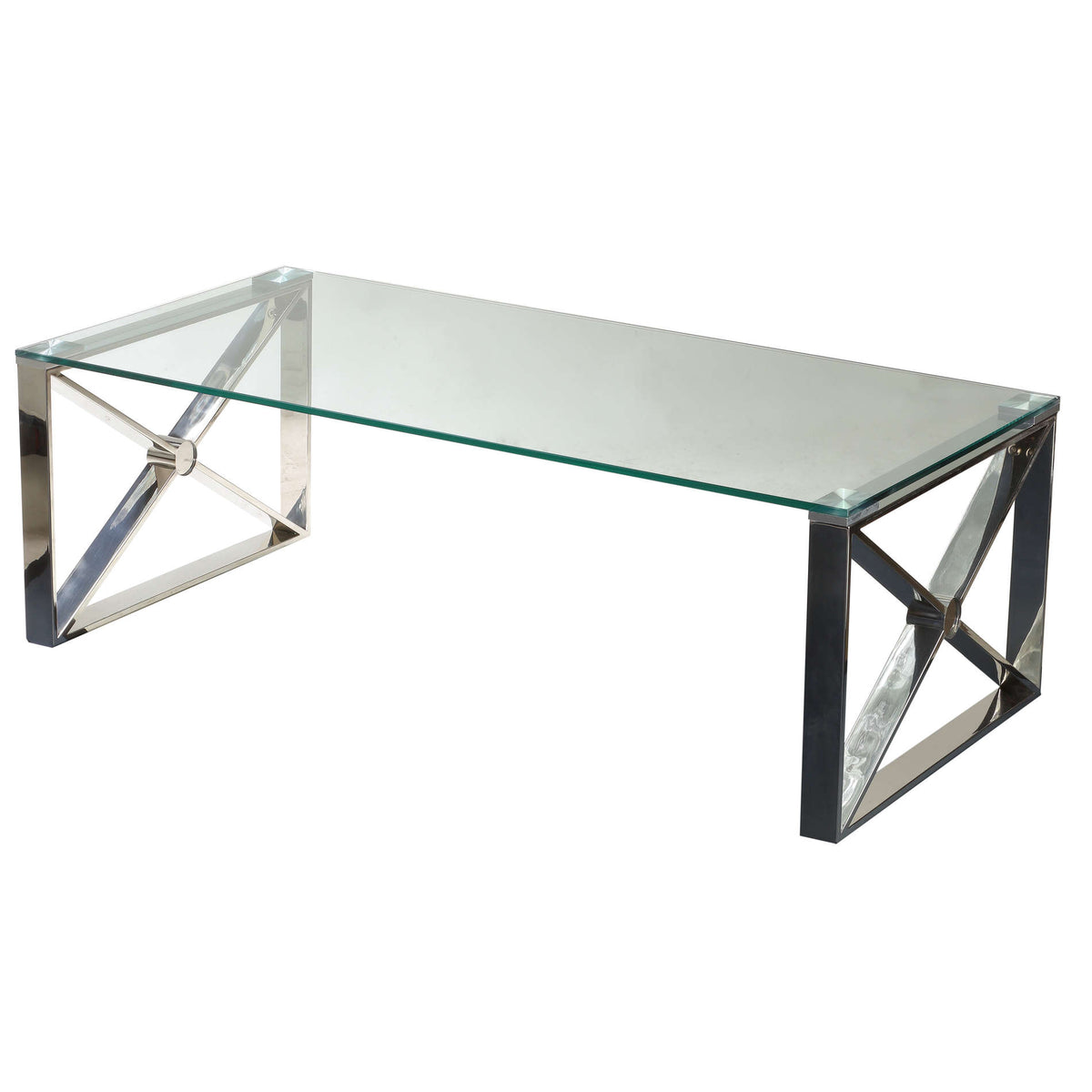 Cortesi Home Moses Contemporary Glass Coffee Table in Polished Stainless Steel, 48x24x16