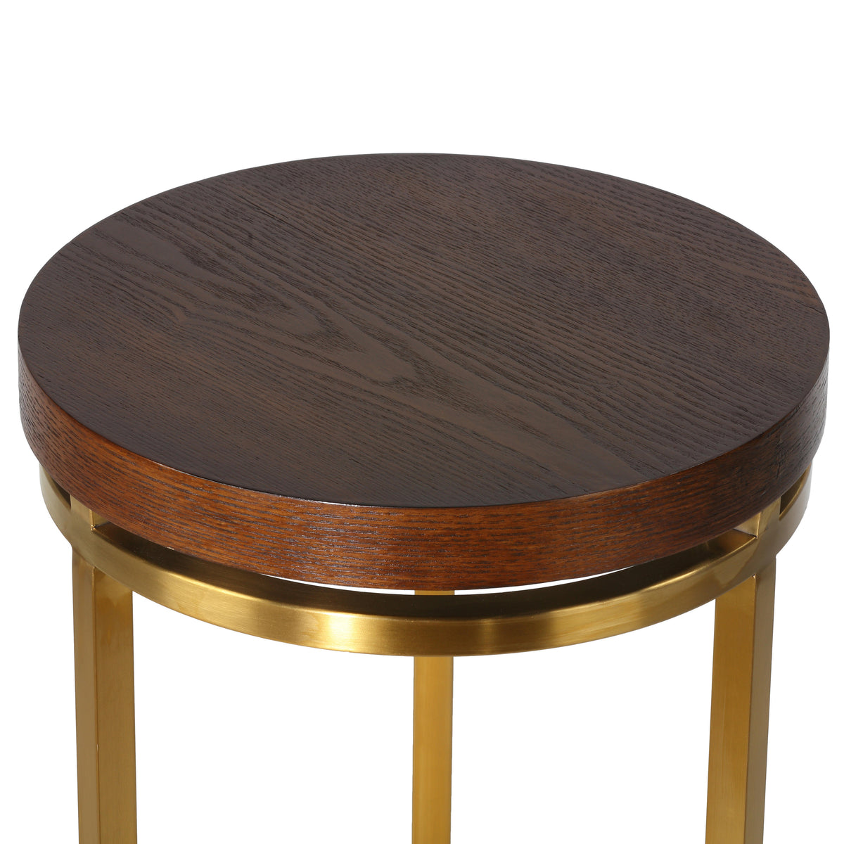 Cortesi Home Kufu Round Side Table in Gold Stainless Steel and Wood Top, 14&quot; Round