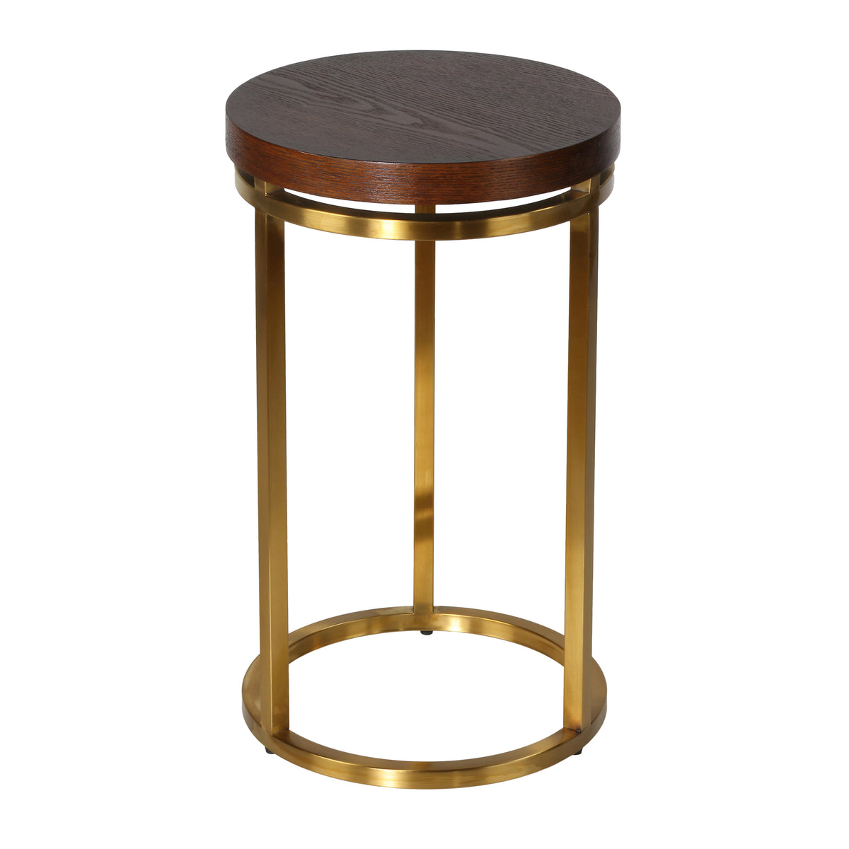 Cortesi Home Kufu Round Side Table in Gold Stainless Steel and Wood Top, 14&quot; Round