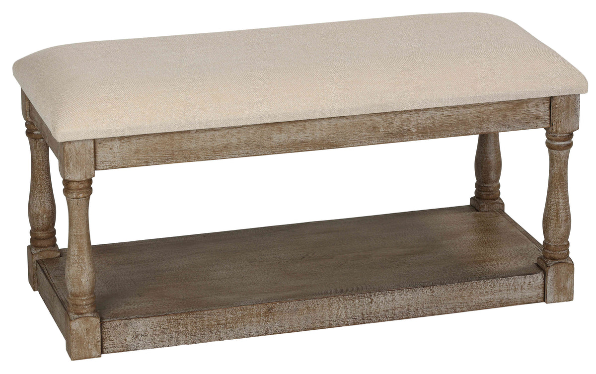 Cortesi Home Dahlia Wooden Bench Ottoman, Distressed Wood and Beige Fabric