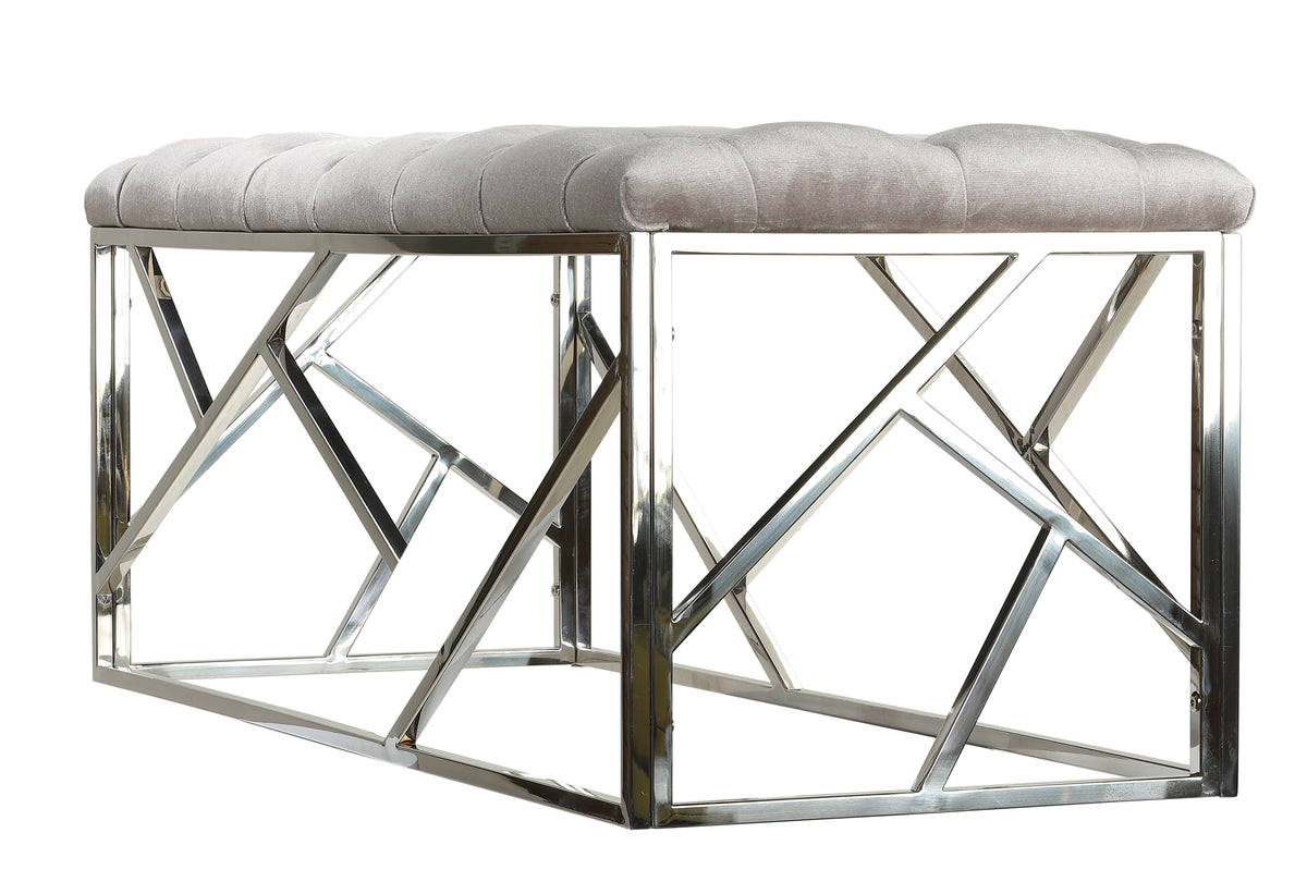 Cortesi Home Kora Long Contemporary Metal Bench Ottoman in Grey Velvet, 43x17x18