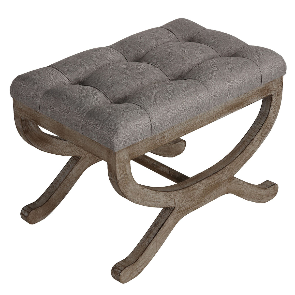 Cortesi Home Falmouth X-Bench Ottoman with Wood Legs, 17&quot;, Gray Fabric Cushion