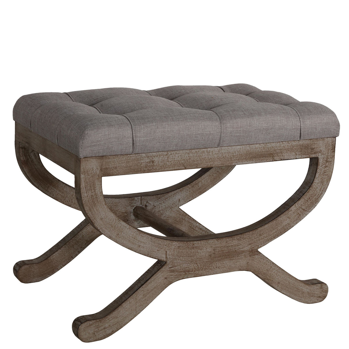 Cortesi Home Falmouth X-Bench Ottoman with Wood Legs, 17&quot;, Gray Fabric Cushion