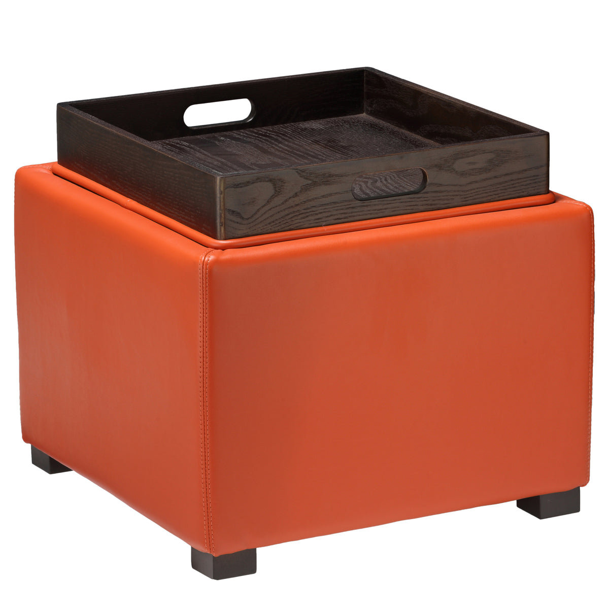 Cortesi Home Mavi Storage Tray Ottoman in Bonded Leather, Orange