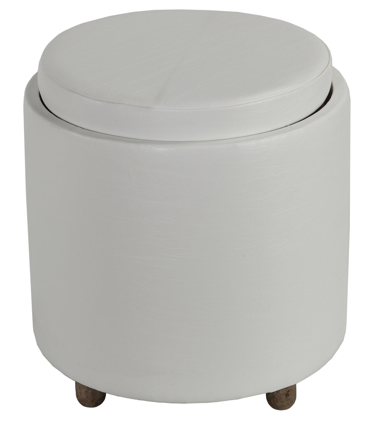 Cortesi Home Keyes Round Storage Ottoman with Tray Top, White faux leather and  driftwood legs