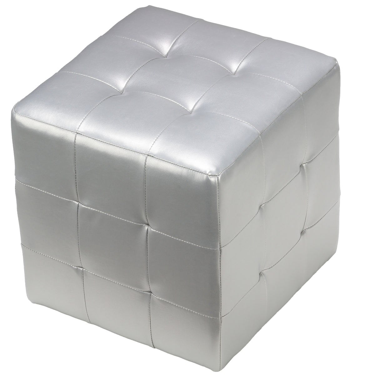 Cortesi Home Apollo Cube Ottoman in Metallic Silver Faux Leather