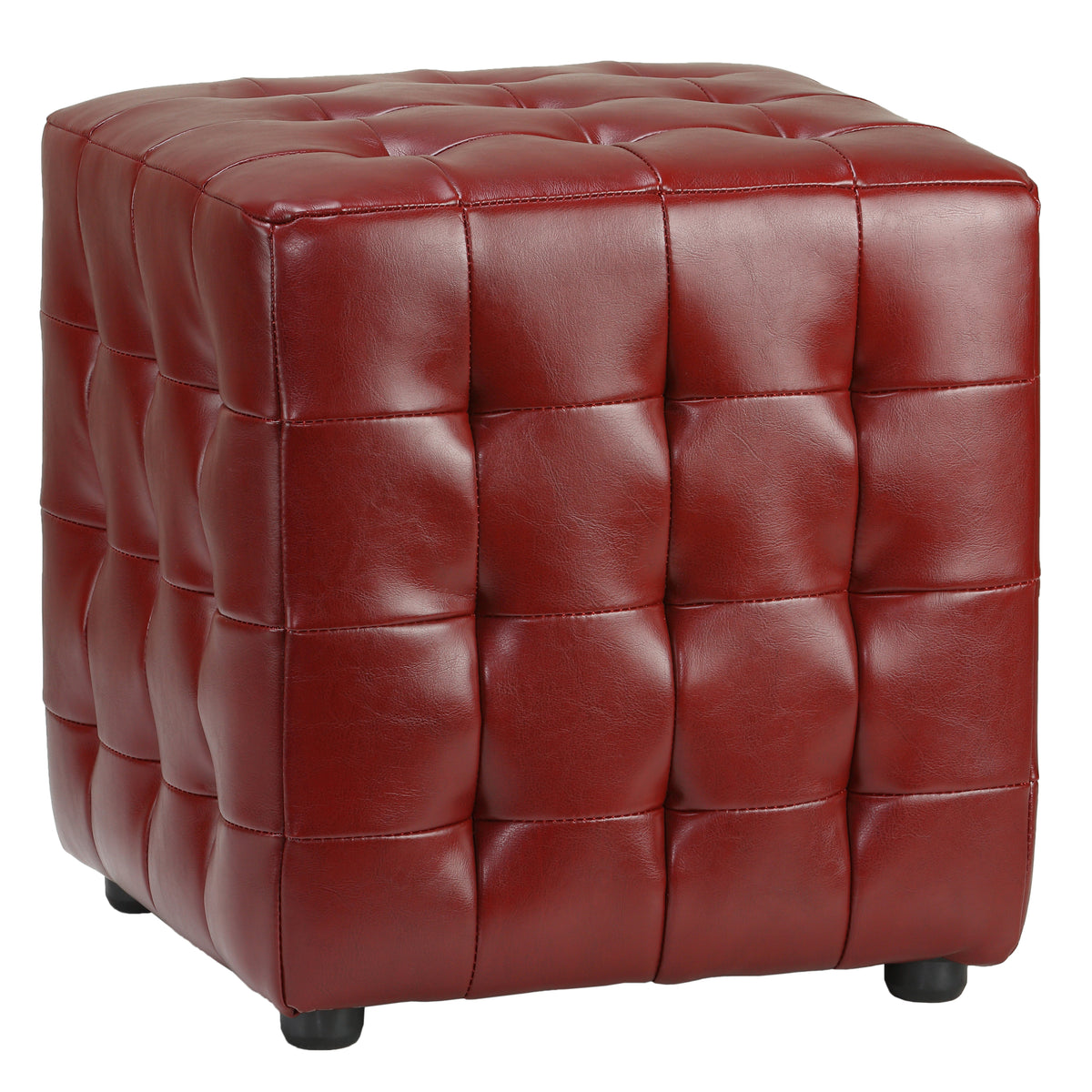 Cortesi Home Izzo Tufted Cube Ottoman in Cherry Red Bonded Leather