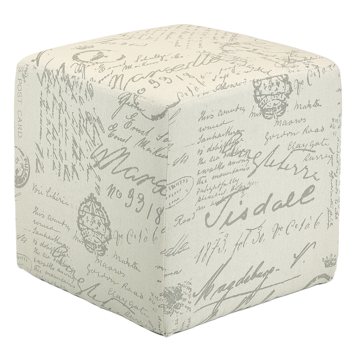 Cortesi Home Braque Cube Ottoman in Beige Linen Script Print Fabic