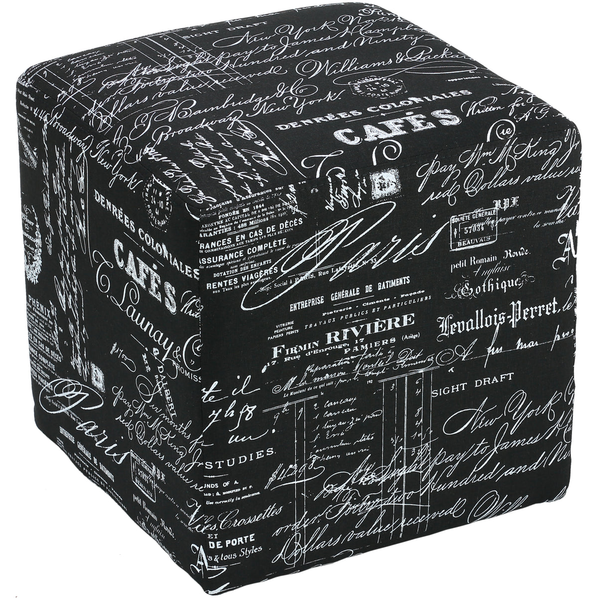 Cortesi Home Braque Cube Ottoman in Black Script Print Linen Fabic