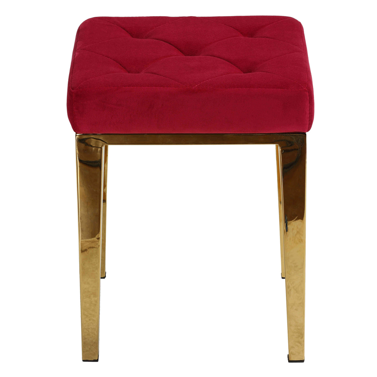 Cortesi Home Leeds Square Vanity Ottoman in Pink Velvet, Brushed Gold