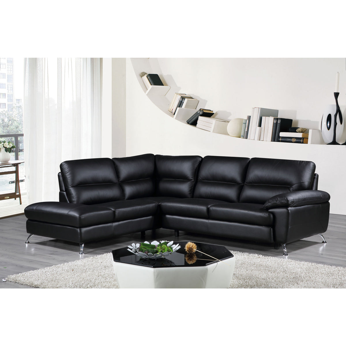 Cortesi Home Contemporary Boston Genuine Leather Sectional Sofa with Left Chaise Lounge, Black 80&quot;x98&quot;