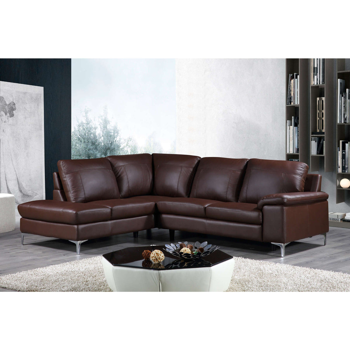 Cortesi Home Contemporary Dallas Genuine Leather Sectional Sofa with Left Side Facing Chaise Lounge, Brown 80&quot;x98&quot;