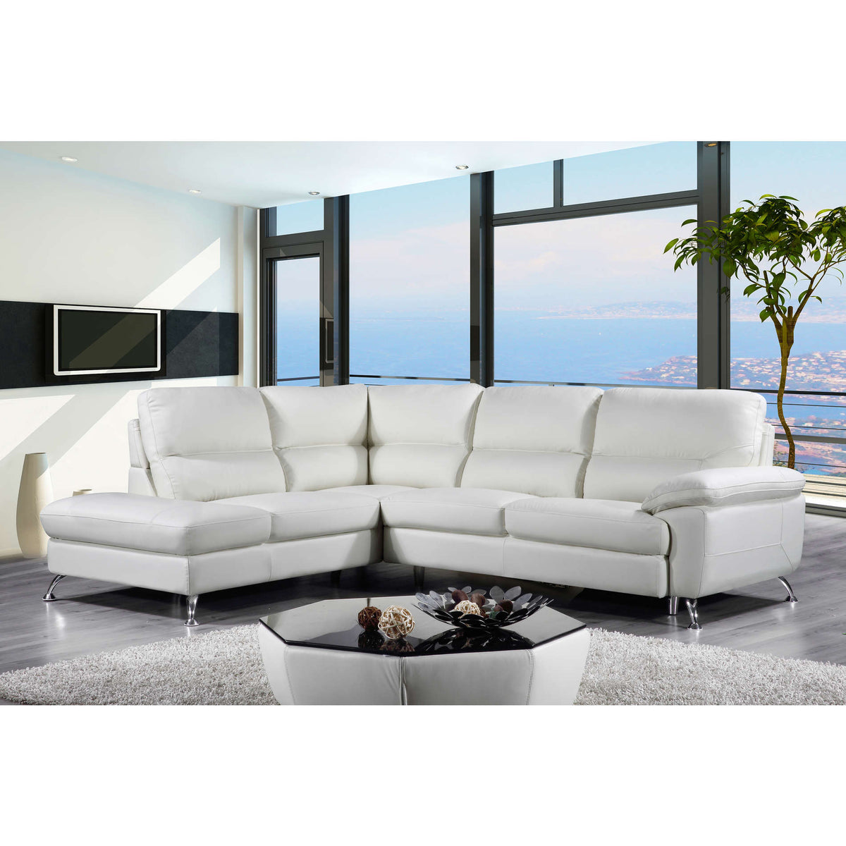 Cortesi Home Contemporary  Miami Genuine Leather Sectional Sofa with Left Facing Chaise Lounge, Off White 80&quot;x98&quot;