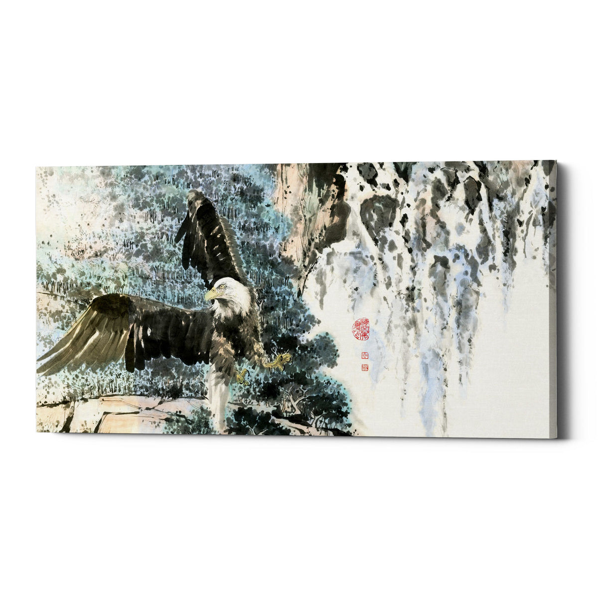 Epic Graffiti &quot;Bald Eagle Over Cascading Waterfalls&quot; by River Han, Giclee Canvas Wall Art